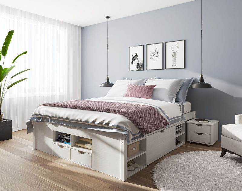 Funktionsbett Till 140 x 200 cm, Kiefer Massivholz Weiß, viel Stauraum