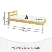Technische Zeichnung des Einzelbett JANA Kiefer Massivholz mit Maßangaben und Tragfähigkeit von 100 kg.