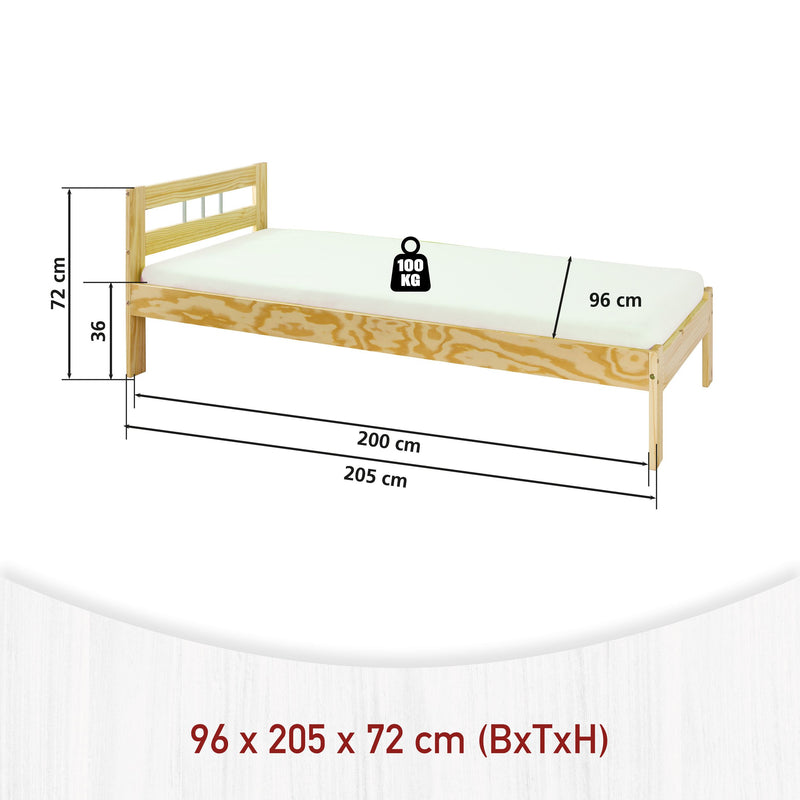 Technische Zeichnung des Einzelbett JANA Kiefer Massivholz mit Maßangaben und Tragfähigkeit von 100 kg.