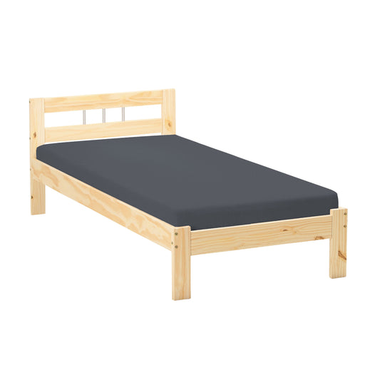 Einzelbett JANA mit Kiefernholzgestell in Natur und dunkelgrauer Matratze, Gesamtansicht von vorne.