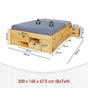 Technische Zeichnung des Funktionsbett Jugendbett Claas mit Maßangaben und Stauraum-Schubladen.