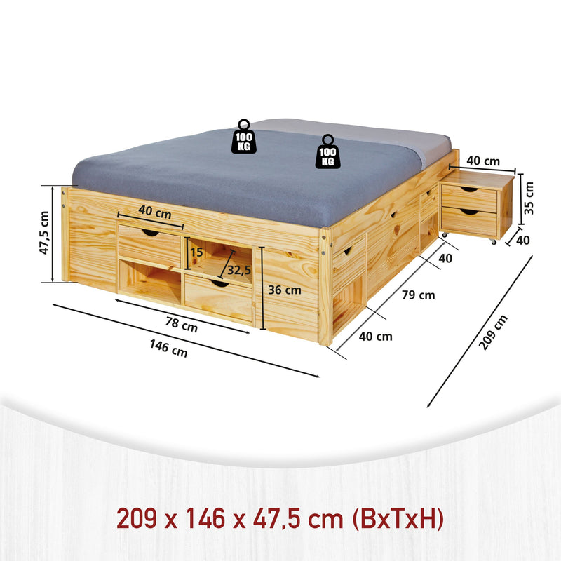 Technische Zeichnung des Funktionsbett Jugendbett Claas mit Maßangaben und Stauraum-Schubladen.