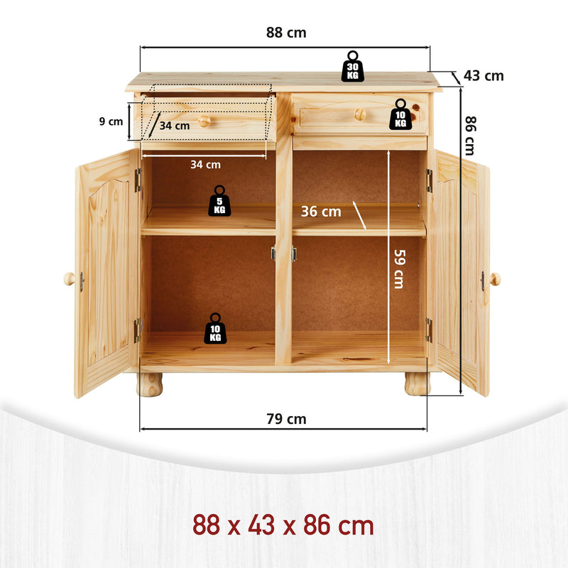 Anrichte Kommode PAMINA Kiefer Massivholz Natur, Landhausstil