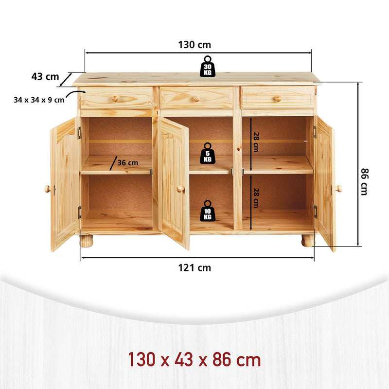 Anrichte Kommode ABACO Kiefer Massivholz natur lackiert 130 cm