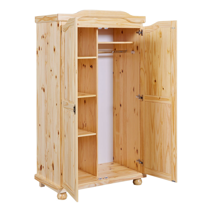 Kleiderschrank Dielenschrank Genf mit geöffneten Türen, Innenansicht der Kleiderstange und Regale aus Kiefer Massivholz.