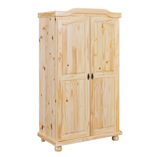 Kleiderschrank Dielenschrank Genf aus Kiefer Massivholz in Natur mit zwei Türen und gewellter Oberkante in Gesamtansicht.