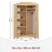 Kleiderschrank Genf aus Kiefer Massivholz mit offenen Türen, Kleiderstange und Regalboden.