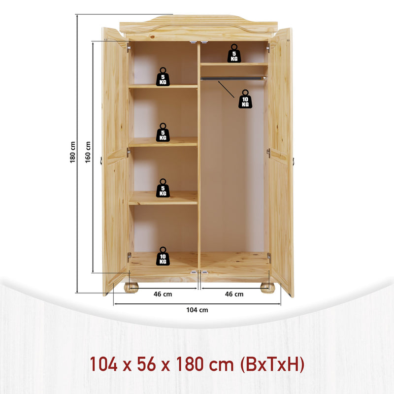Kleiderschrank Genf aus Kiefer Massivholz mit offenen Türen, Kleiderstange und Regalboden.