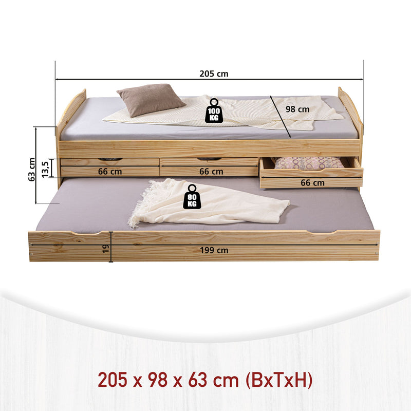Funktionsbett Marinella 90 x 200 Kiefer massiv mit Schubladen