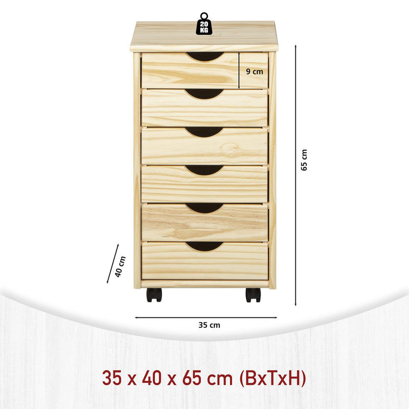 Rollcontainer NILS Kiefer Massivholz Natur mit 6 Schubladen