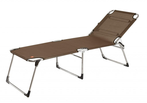 Sonnenliege AMIGO 40 PLUS mit Aluminium-Gestell in Silber und Kunststoffgewebe in Dunkelbraun, Gesamtansicht.