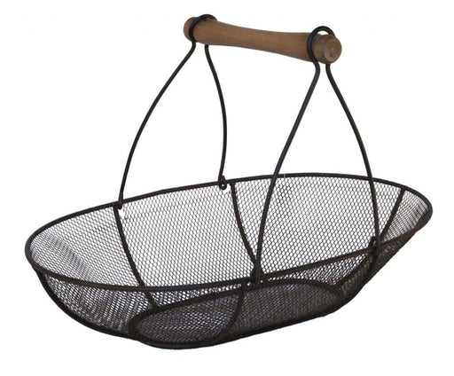 Drahtkorb Dekokorb CASTINA Korb mit Holzgriff in Gesamtansicht mit schwarzem Metallgeflecht und braunem Holztragebügel.