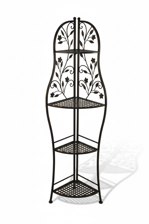Eisenregal Eckregal Metallregal RANDOLPHI klappbar antik in Gesamtansicht mit ornamentalem Rankendekor und drei Stellflächen.