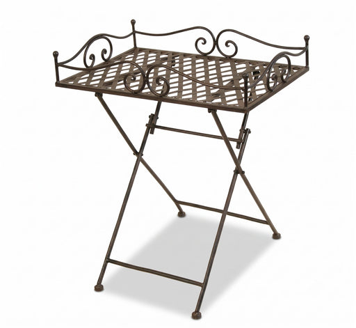 Klapptisch Beistelltisch Metalltisch TABLAND antik in Gesamtansicht mit Metallgestell und dekorativem Rankenmuster.