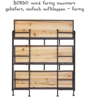 Landhausregal Bordo mit Metallrahmen und Massivholzfächern in Gesamtansicht von vorne.