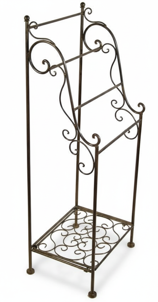 Metall Handtuchhalter BAGOLINO im Landhausstil mit geschwungenen Ornamenten und quadratischer Standfläche in Gesamtansicht.