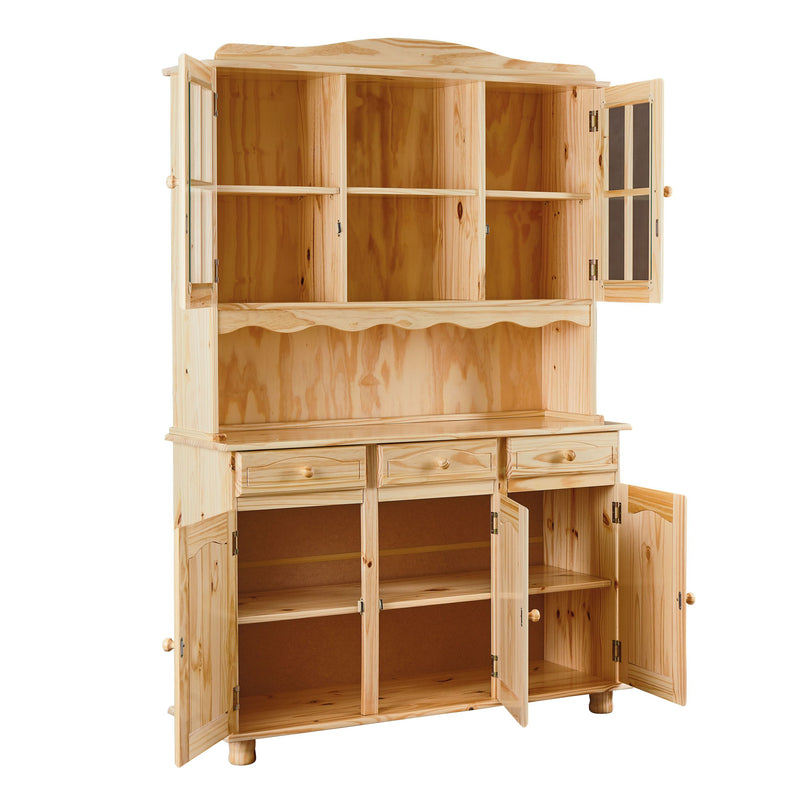 Buffet Vitrine TOSCANA in Kiefer Massivholz mit offenen Türen, Glastüren oben und Schubladen unten.