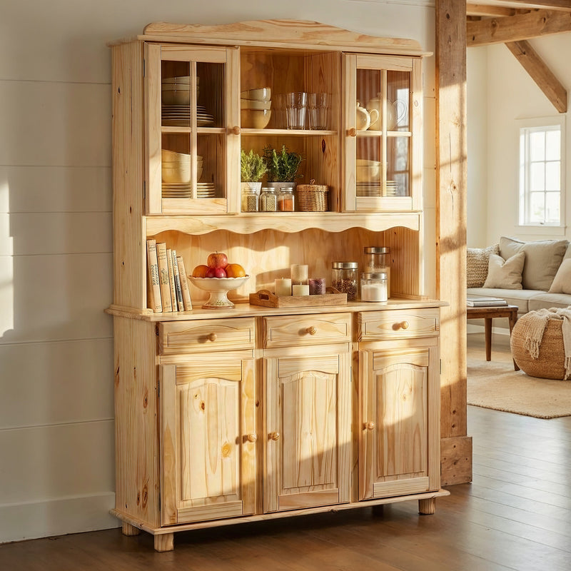 Buffet Vitrine TOSCANA Kiefer Massivholz mit oberen Glastüren, Fachboden und unteren Schränken.
