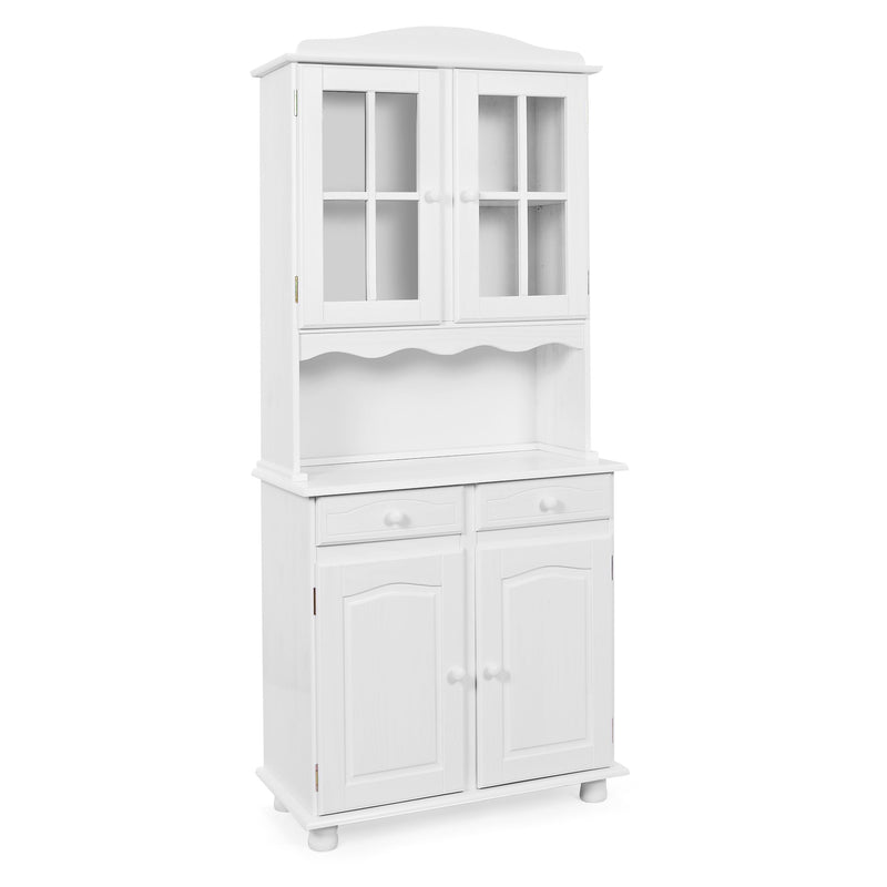 Buffet-Vitrine VALENCIA in Gesamtansicht mit Glastüren oben, offenem Regal in der Mitte und geschlossenen Türen unten.