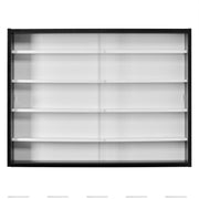 Sammlervitrine Setzkasten Collecty Schwarz/Weiß mit Glasschiebetüren und fünf weißen Regalborden.