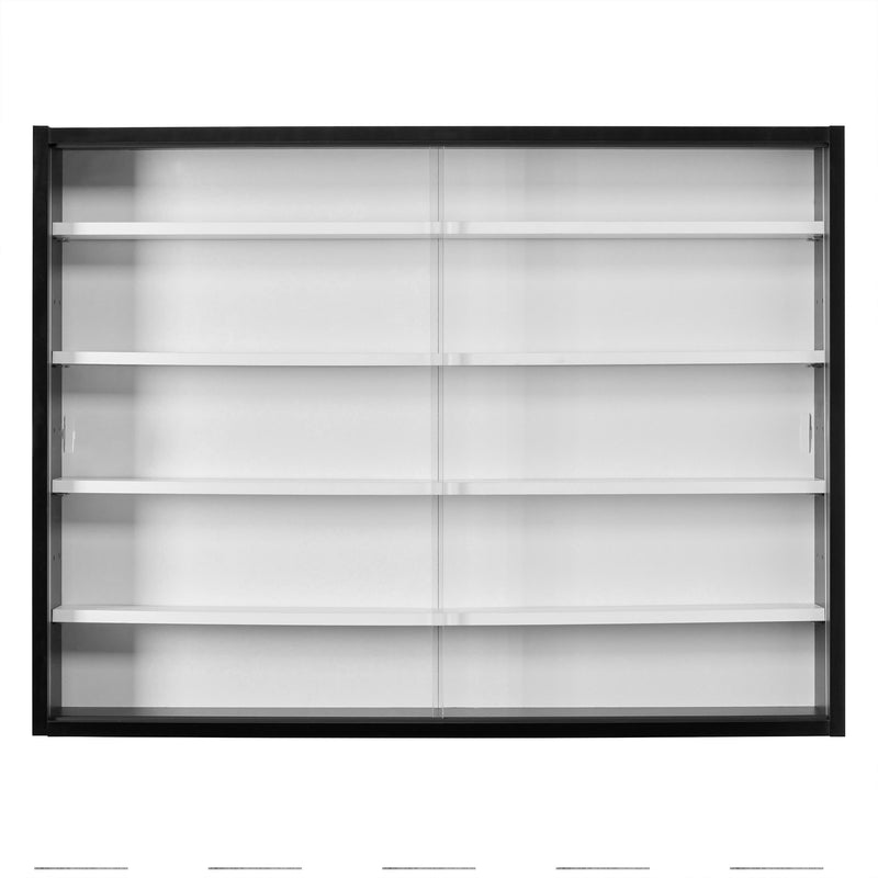 Sammlervitrine Setzkasten Collecty Schwarz/Weiß mit Glasschiebetüren und fünf weißen Regalborden.