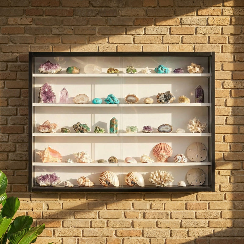 Sammlervitrine Setzkasten Collecty Schwarz/Weiß mit Glasschiebetüren, gefüllt mit Mineralien und Muscheln in fünf Fächern.