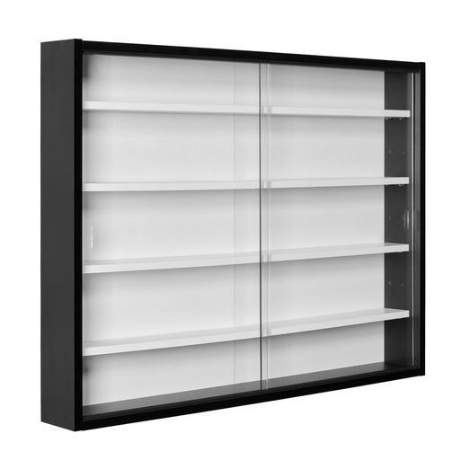 Sammlervitrine Setzkasten Collecty Schwarz/Weiß mit Glasschiebetüren in Gesamtansicht, schwarzes Gehäuse mit weißen Regalbrettern.