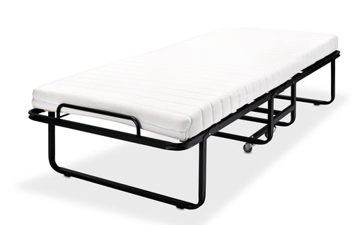 Gästebett Raumsparbett Klappbett GB110 mit weißer Matratze auf schwarzem Metallgestell, Gesamtansicht.