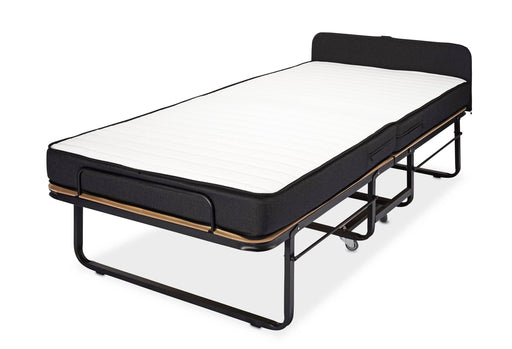 Gästebett Raumsparbett Klappbett GB100 mit schwarzem Bezug, weißer Matratze und Transportrollen in Gesamtansicht.