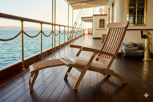 Deckchair Titanic Liegestuhl aus Teakholz in Natur mit verstellbarer Rückenlehne, Gesamtansicht.
