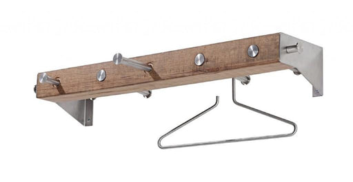 Design Wandgarderobe KLOS 2 Edelstahl Eiche mit Holzleiste und metallenen Haken in Gesamtansicht.