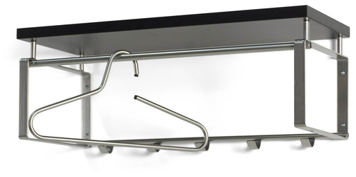 Garderobe Wandgarderobe Rex 3 in Nickeloptik mit schwarzer Hutablage, Gesamtansicht mit Kleiderstange und Haken.