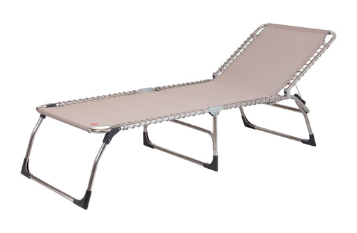 Sonnenliege Gartenliege AMIGO XXL mit Textilene-Liegefläche in Taupe und silbernem Aluminium-Gestell, Gesamtansicht.
