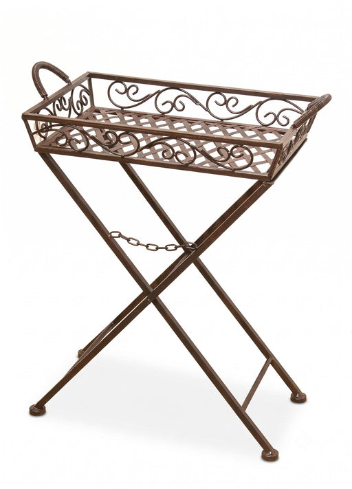 Metall Klapptisch NUETTO mit ornamentalem Tablettkörbe und X-förmigem Gestell in Gesamtansicht.