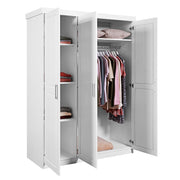Kleiderschrank Magnus mit geöffneten Türen, Innenansicht mit Kleiderstange und Regalboden in weiß lackierter Kiefer.