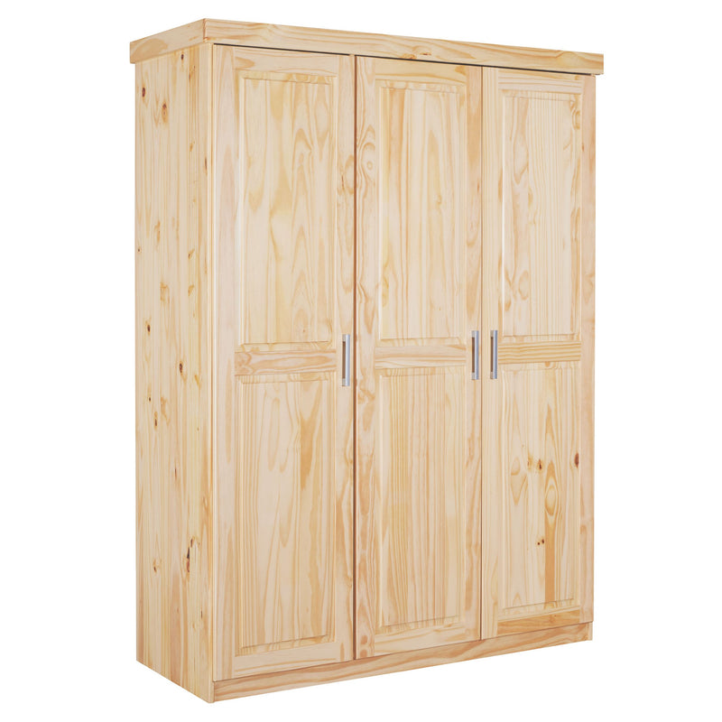 Kleiderschrank PELLE 3-türig aus Kiefer Massivholz in natur lackiert, Frontalansicht mit drei Türen und Metallgriffen.