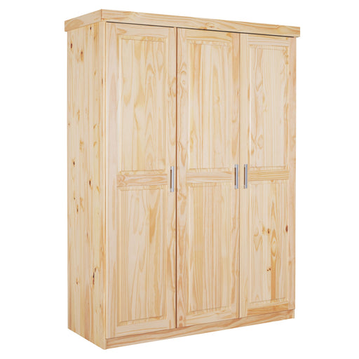 Kleiderschrank PELLE 3-türig aus Kiefer Massivholz in natur lackiert, Frontalansicht mit drei Türen und Metallgriffen.