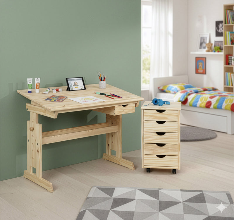 Kinderschreibtisch-Set Julia, Kiefer massiv, mit Rollcontainer