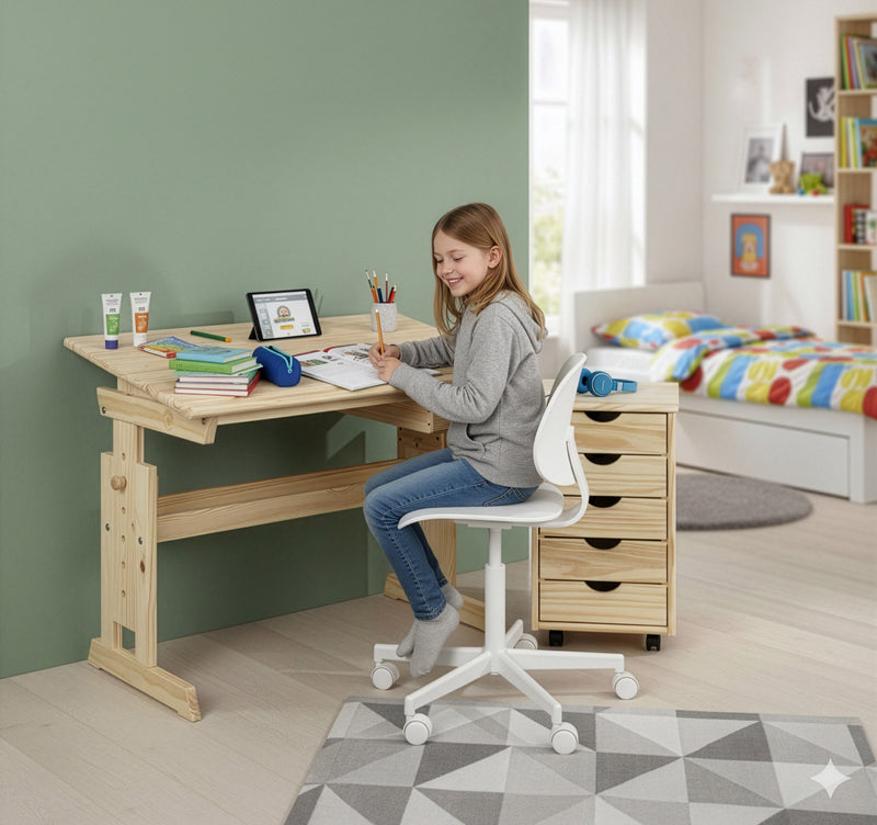 Kinderschreibtisch-Set Julia, Kiefer massiv, mit Rollcontainer