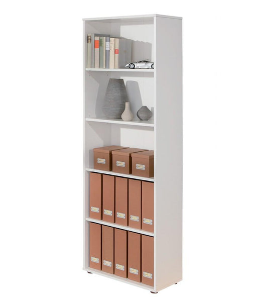 Regal Bücherregal ARCO 4 Melamin weiß mit vier gefüllten Fächern mit Büchern, Dekoration und Boxen.