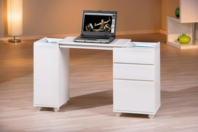 Laptop Office Schreibtisch weiß 3 Schubläden 1 Tür rollbar