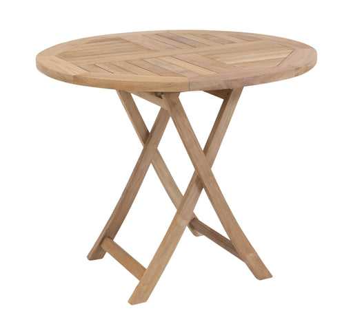 Gartentisch Klapptisch Paris mit runder Teak-Platte und zusammengeklapptem X-Gestell in Gesamtansicht.