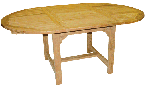 Premium Teak Gartentisch rund 120 x 120 auf 180 x 120 cm mit ausziehbarer Platte und Holzgestell, Gesamtansicht von oben.