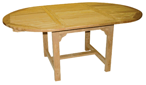 Premium Teak Gartentisch oval mit ausziehbarer Platte und massiven Holzbeinen in Gesamtansicht.