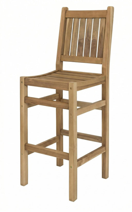 Barhocker in Teak mit vertikalem Sprossenrückenlehne, Gesamtansicht von vorne.