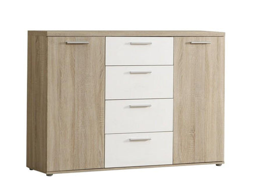 Sideboard Winnie mit vier weißen Schubladen in der Mitte und zwei Sonoma-Eiche-Türen, Gesamtansicht.