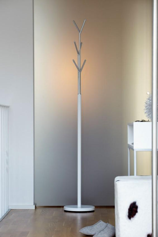 Kleiderständer LONDON Design Garderobe verchromt von Jan Kurtz mit weißem Ständer und verchromten Ästen in Gesamtansicht.