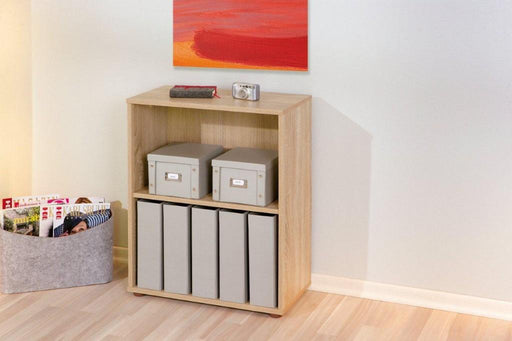Regal Bücherregal PARINI 1 Sonoma Eiche in Gesamtansicht mit offenen Fächern, gefüllt mit Aufbewahrungsboxen und Behältern.