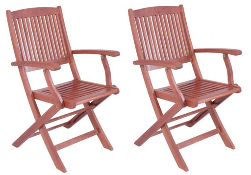 Zwei Gartensessel 2er Set Klappsessel mit Armlehne Eukalyptus geölt Rot-Braun, Gesamtansicht.