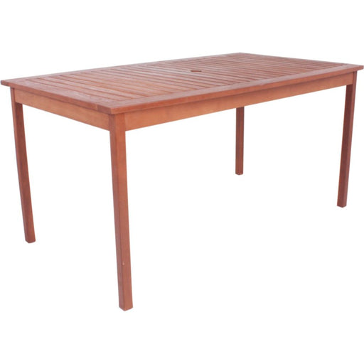Gartentisch Madison 150 x 90 cm aus Eukalyptus in Gesamtansicht mit gerillter Tischplatte und schlanken Beinen.